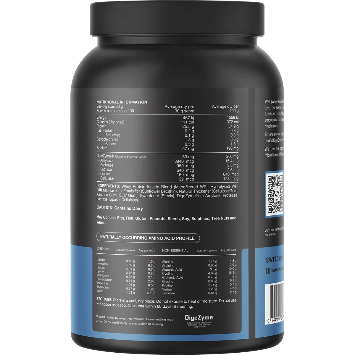Switch Nutrition WPI Premium Whey Protein Isolate Vanilla Creme 900g — back pack image (UHP)