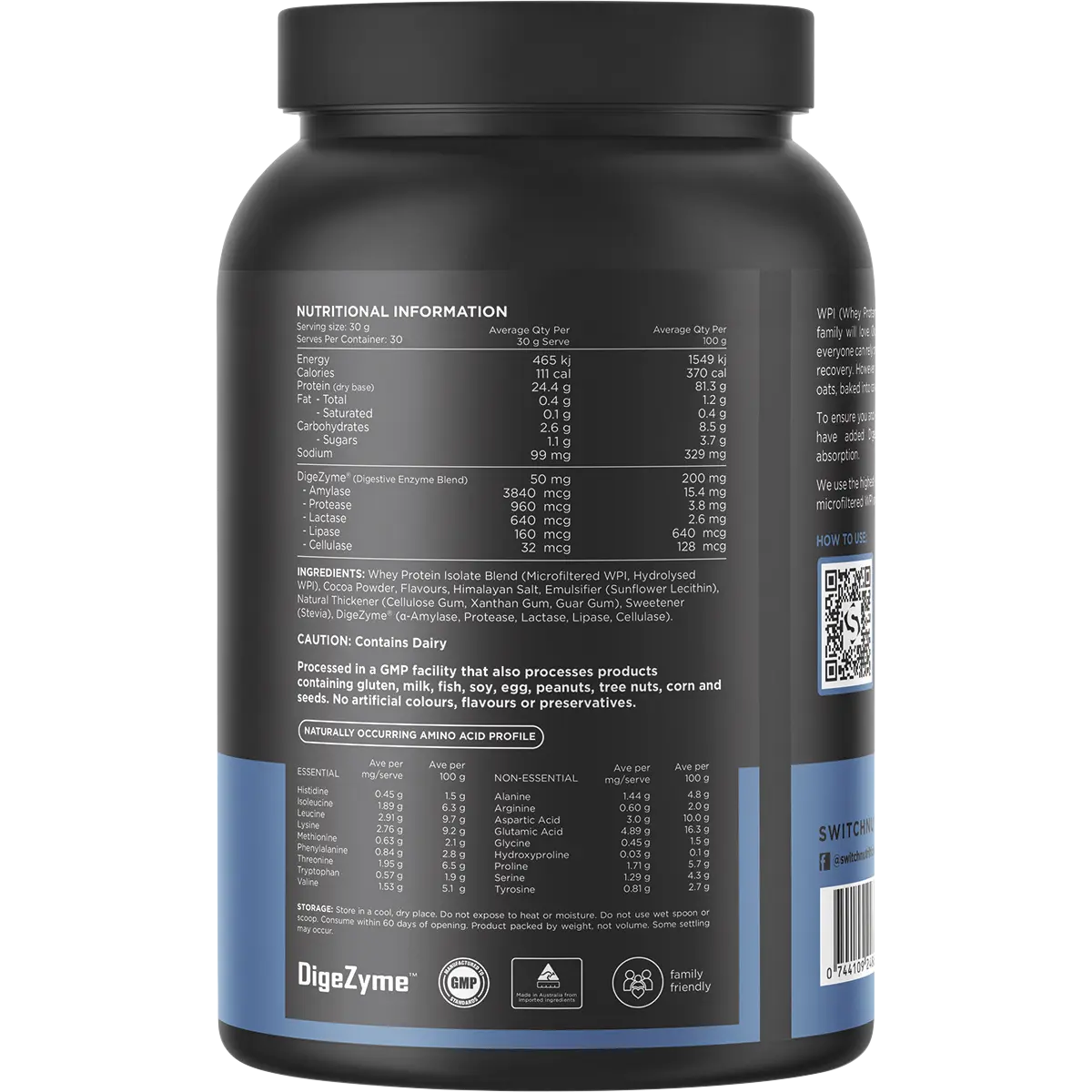 Switch Nutrition WPI Premium Whey Protein Isolate Milk Chocolate 900g back of packaging