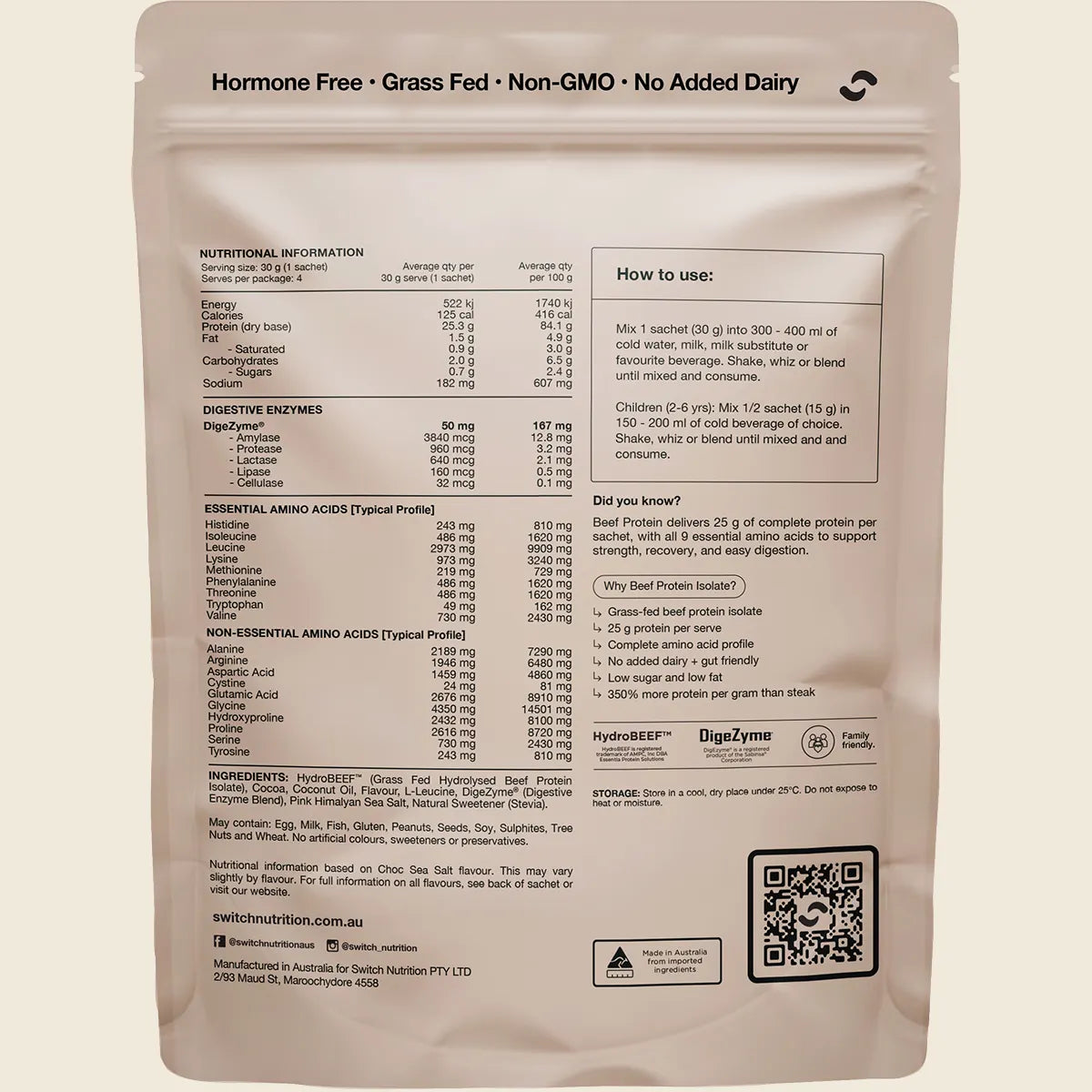 Switch Nutrition Beef Protein Isolate Sample Pouch 4x30g Switch Nutrition