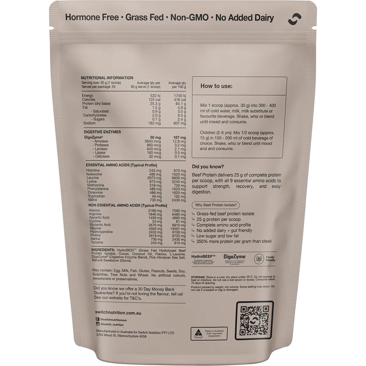 Switch Nutrition Beef Protein Isolate Chocolate Sea Salt — back pack image (UHP)