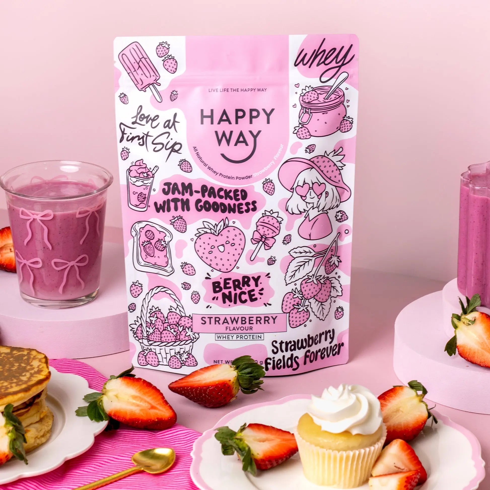 Happy Way Strawberry Whey Protein Powder lifestyle image