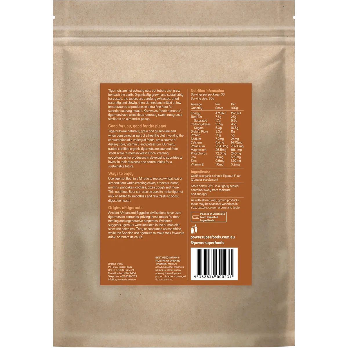 Power Super Foods Tigernut Flour Certified Organic 1kg — back of pack and product information