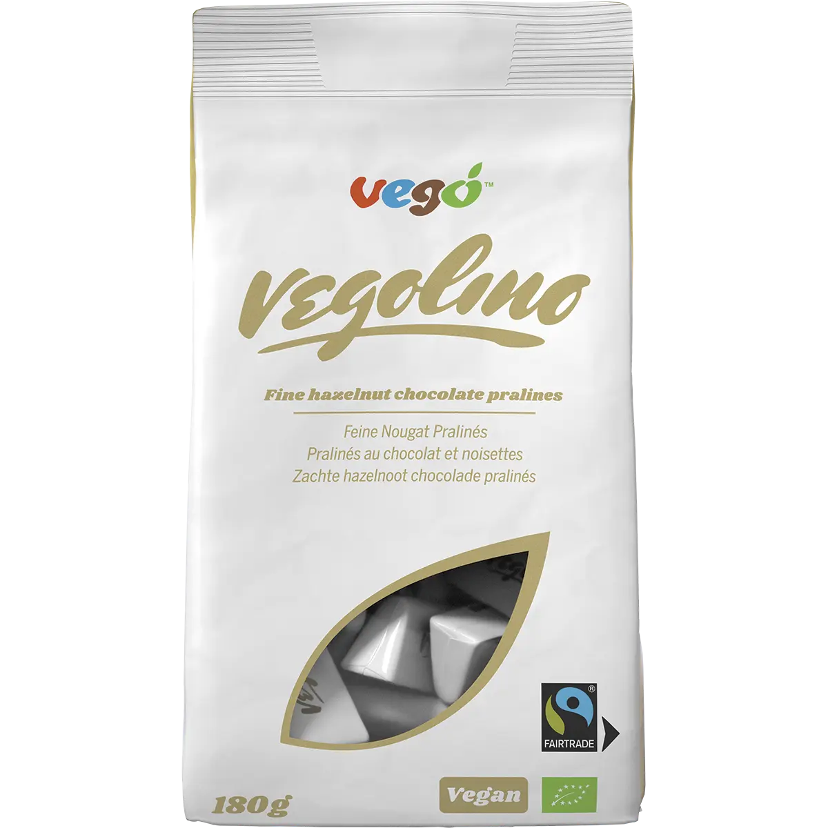 Vego Vegolino Fine Nougat Pralines 180g — front pack image (UHP)
