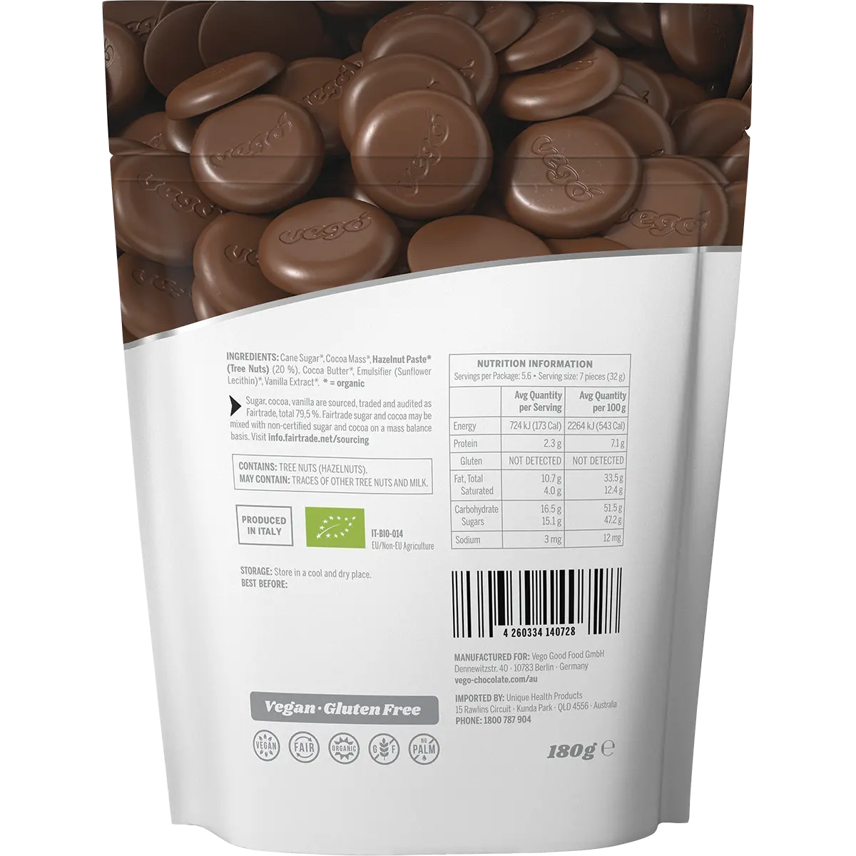 Vego Chocolate Melts Fine Hazelnut 180g — back pack image (UHP)