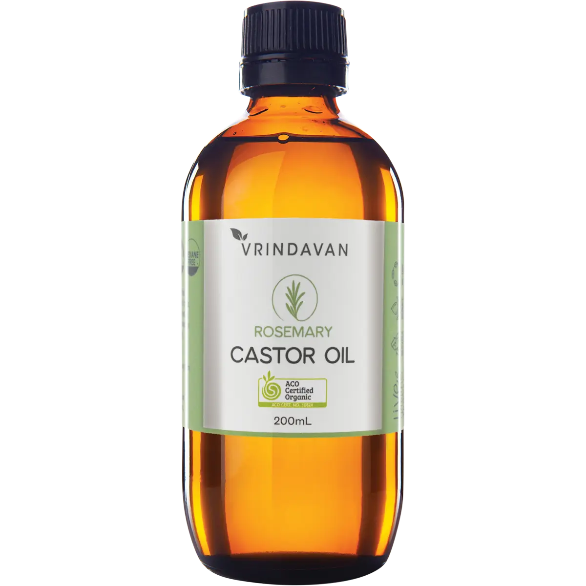 Vrindavan Castor Oil and Rosemary Amber Glass Bottle 200ml — front pack image (UHP)