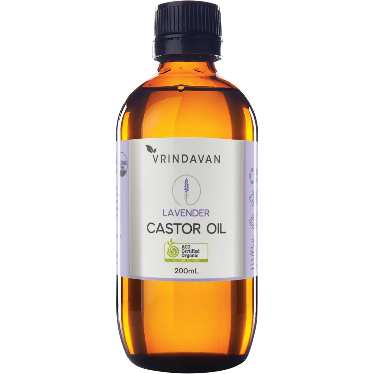 Vrindavan Castor Oil and Lavender Amber Glass Bottle 200ml — front pack image (UHP)