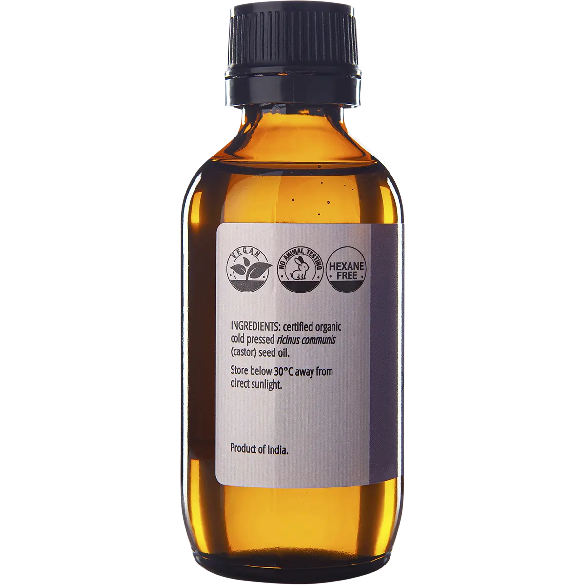 Vrindavan Castor Oil - Hexane Free - Amber Glass Bottle — side pack image (UHP)