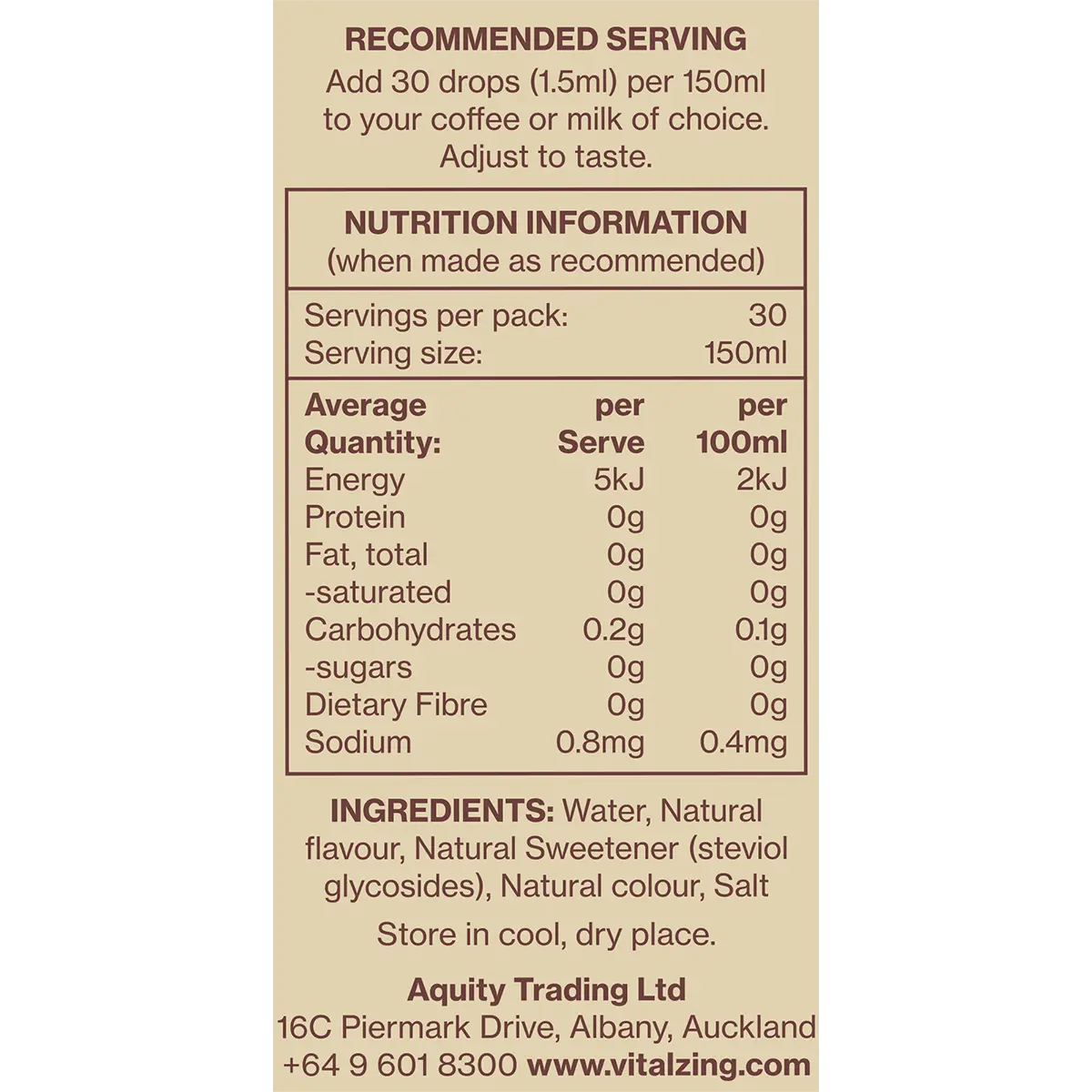 Vital Zing Café Drops Vanilla 40ml — nutrition panel (UHP)