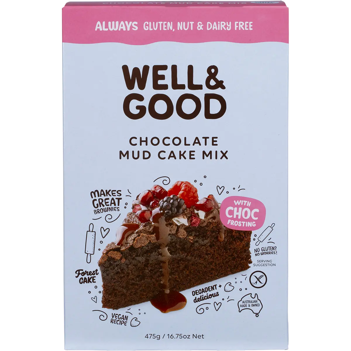 Well and Good Chocolate Mud Cake Mix with Choc Frosting 475g — front pack image (UHP)