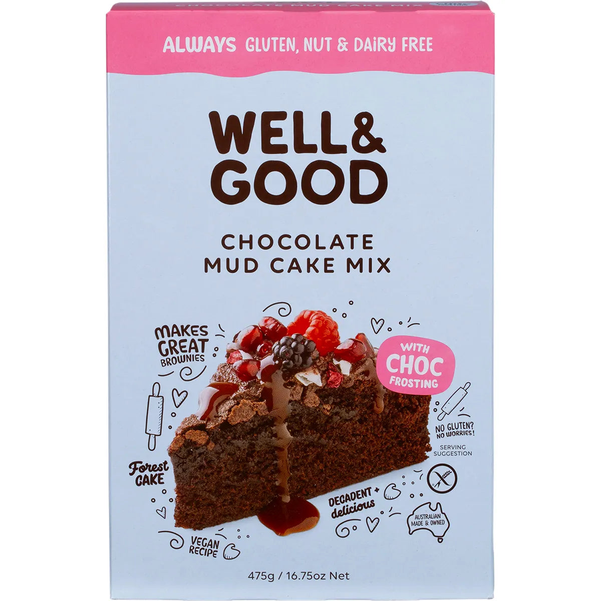 Well and Good Chocolate Mud Cake Mix with Choc Frosting 475g