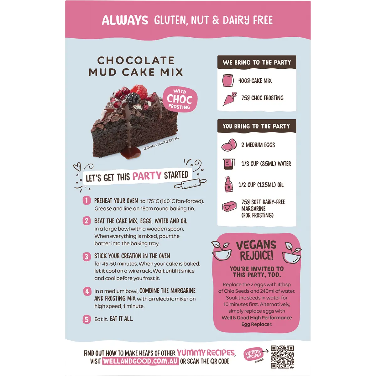 Well and Good Chocolate Mud Cake Mix with Choc Frosting 475g — back pack image (UHP)