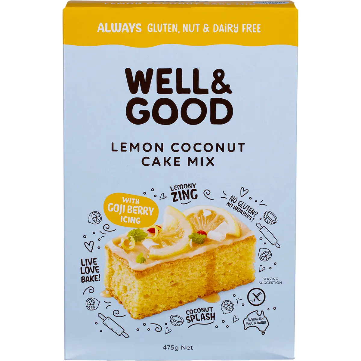 Well and Good Lemon Coconut Cake Mix with Goji Berry Icing 475g — front pack image (UHP)