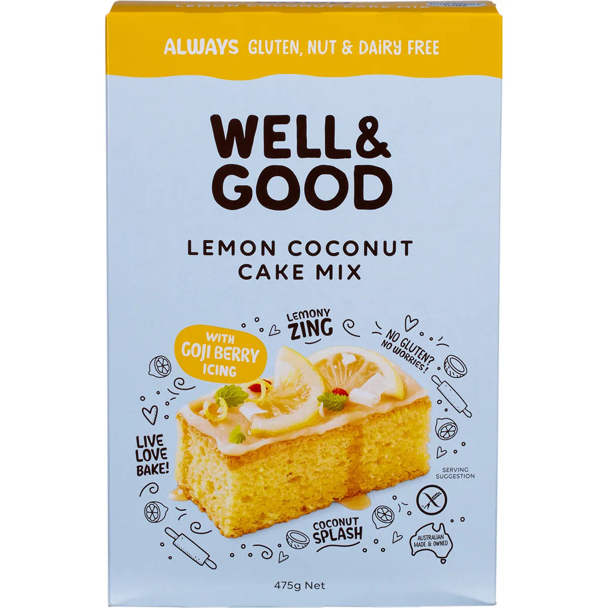 Well and Good Lemon Coconut Cake Mix with Goji Berry Icing 475g