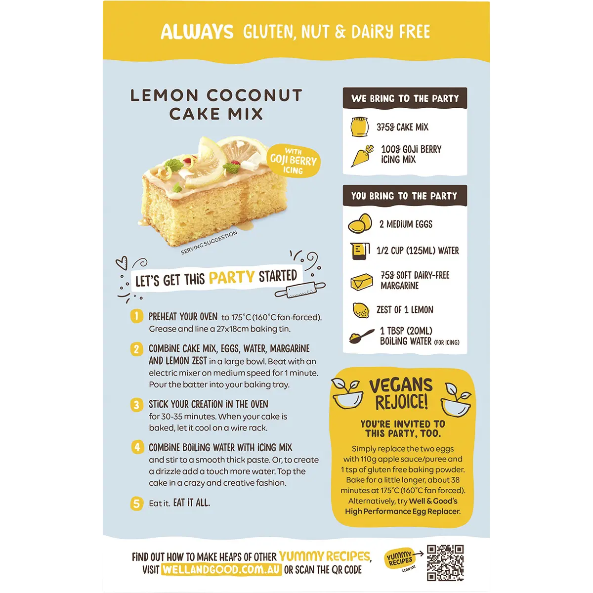 Well and Good Lemon Coconut Cake Mix with Goji Berry Icing 475g — back pack image (UHP)