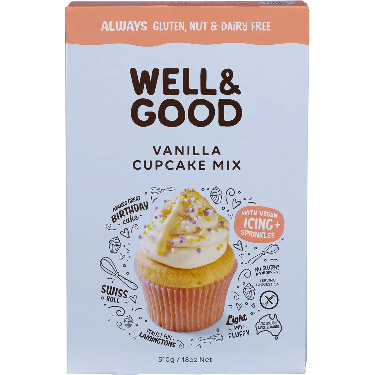 Well and Good Vanilla Cupcake Mix with Icing & Sprinkles 510g — front pack image (UHP)