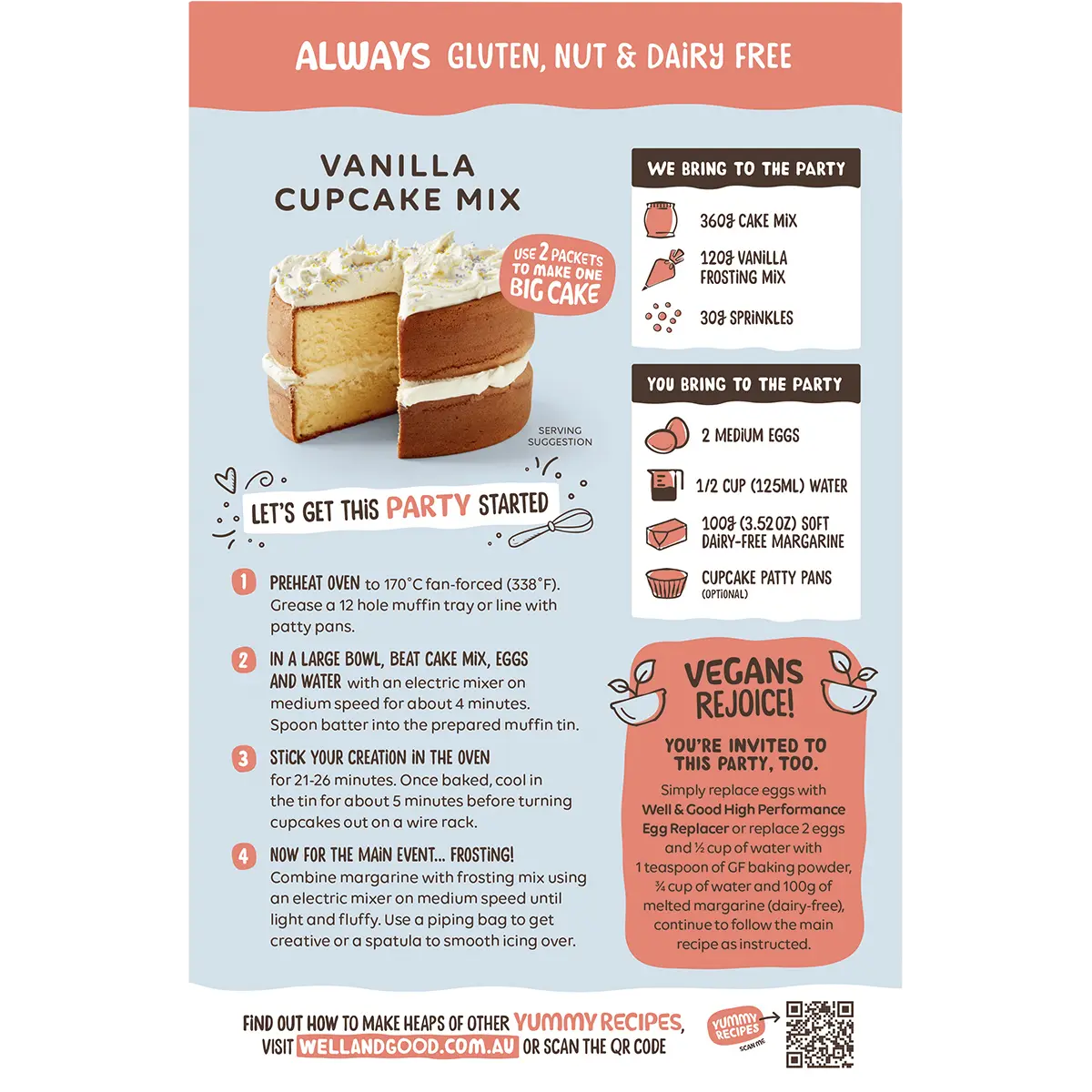 Well and Good Vanilla Cupcake Mix with Icing & Sprinkles 510g — back pack image (UHP)