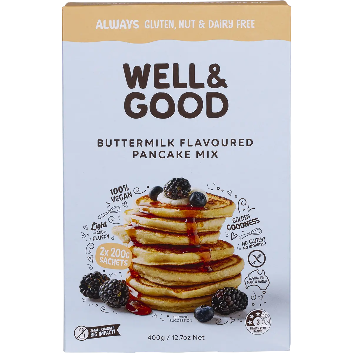 Well and Good Buttermilk Flavoured Pancake Mix 400g — front pack image (UHP)