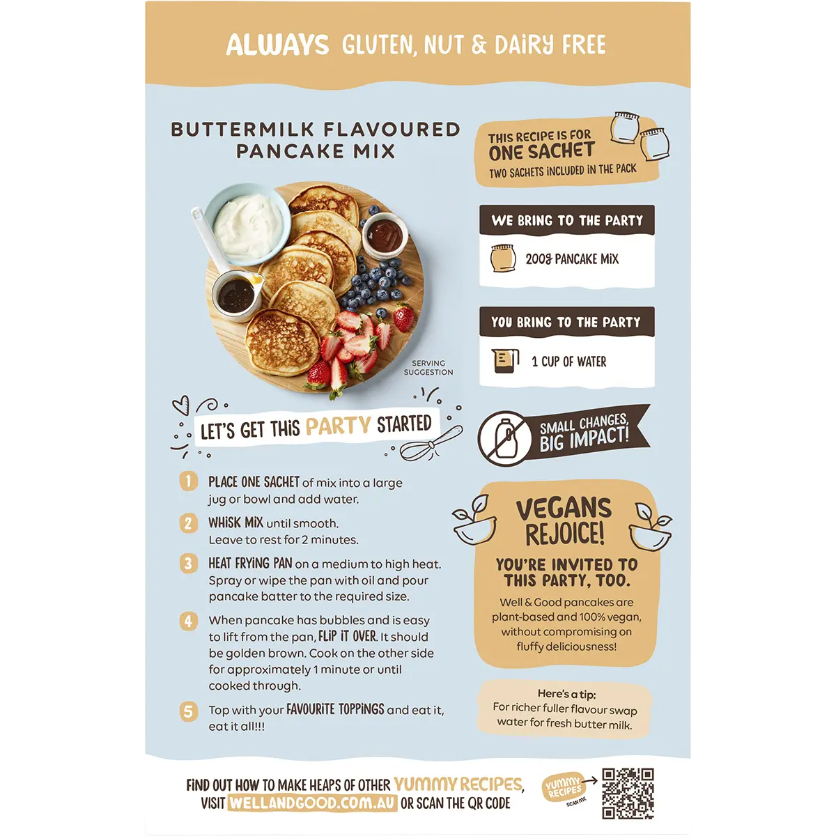 Well and Good Buttermilk Flavoured Pancake Mix 400g — back pack image (UHP)