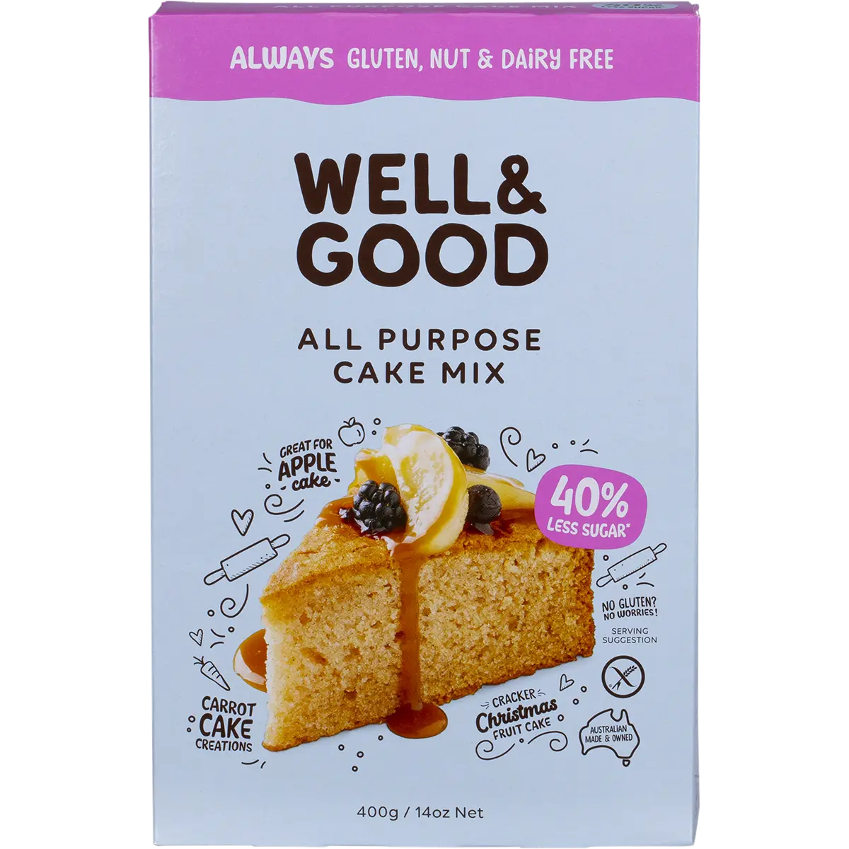 Well and Good All Purpose Cake Mix 40% Less Sugar 400g — front pack image (UHP)