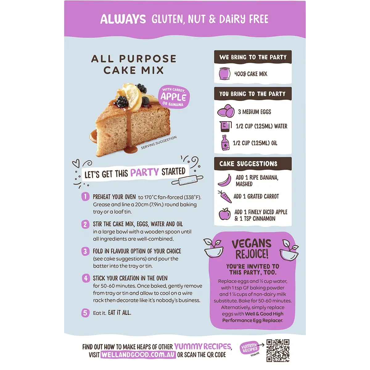 Well and Good All Purpose Cake Mix 40% Less Sugar 400g — back pack image (UHP)