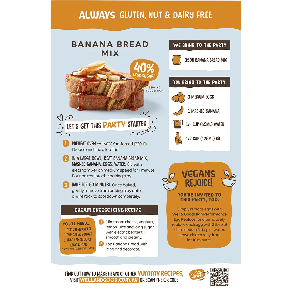 Well and Good Banana Bread Mix 40% Less Sugar 350g — back pack image (UHP)