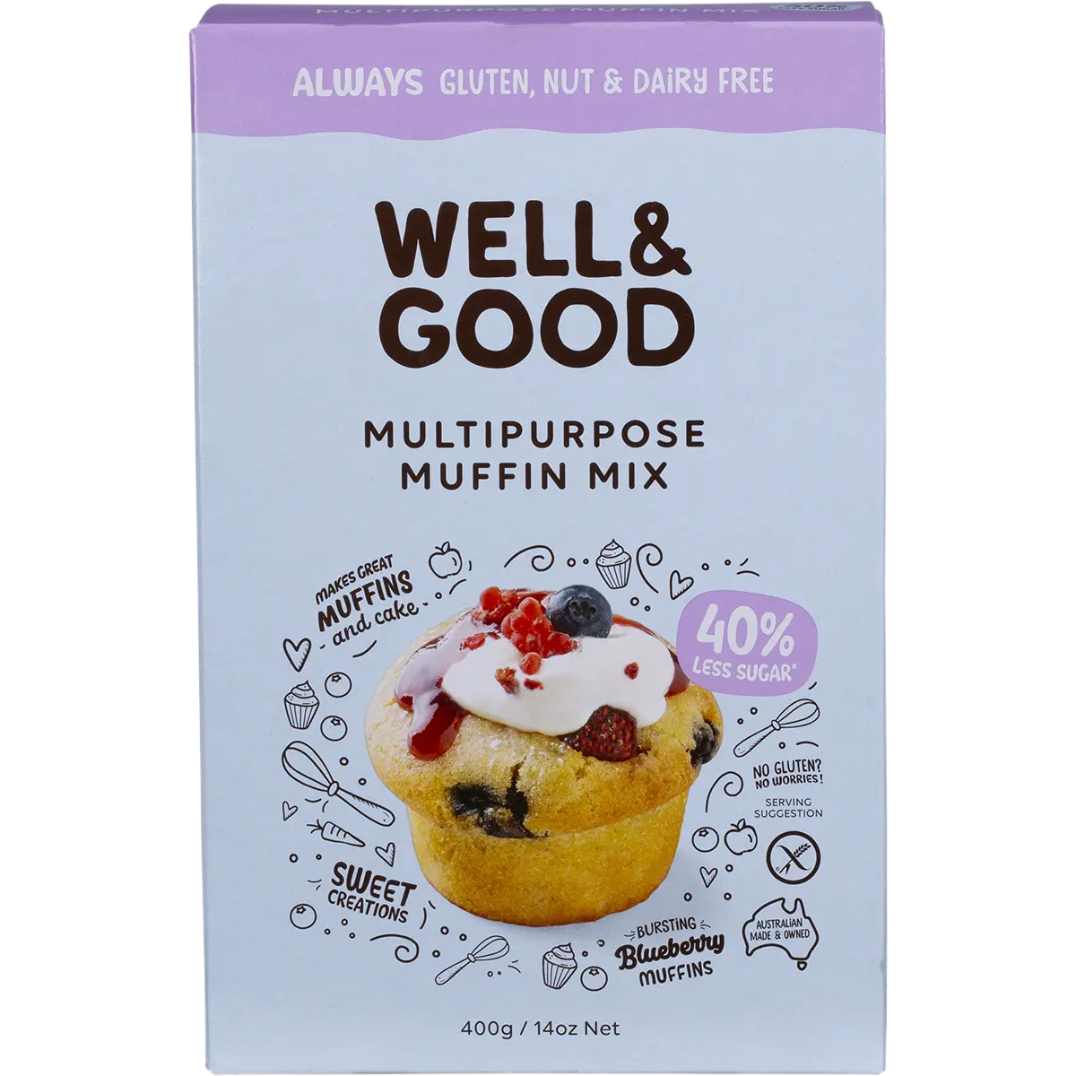Well and Good Multipurpose Muffin Mix 40% Less Sugar 400g — front pack image (UHP)
