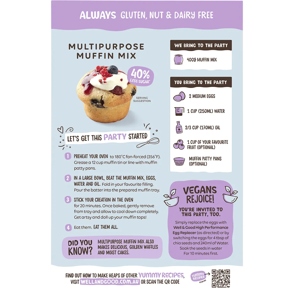 Well and Good Multipurpose Muffin Mix 40% Less Sugar 400g — back pack image (UHP)