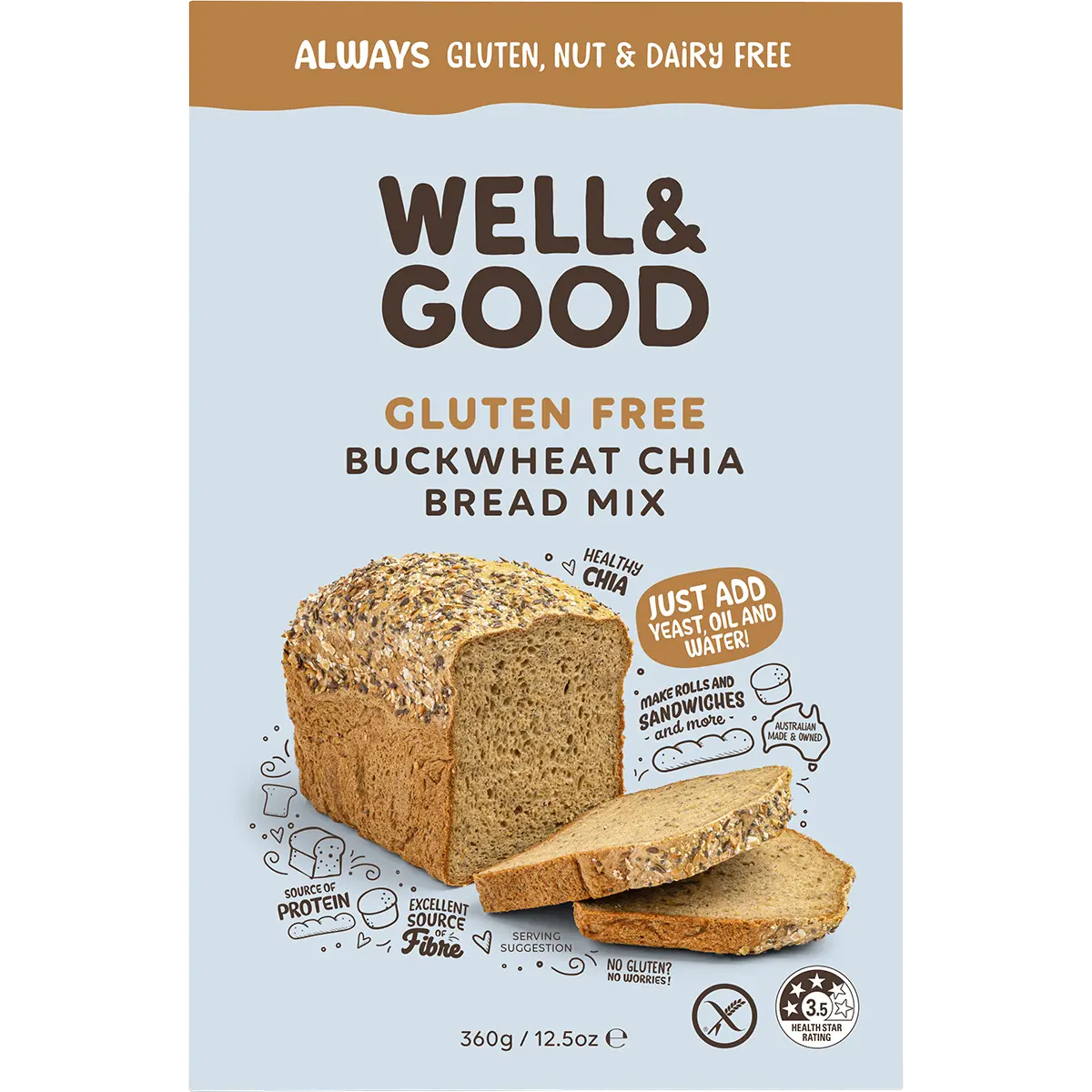 Well and Good Buckwheat & Chia Bread Mix 360g — front pack image (UHP)