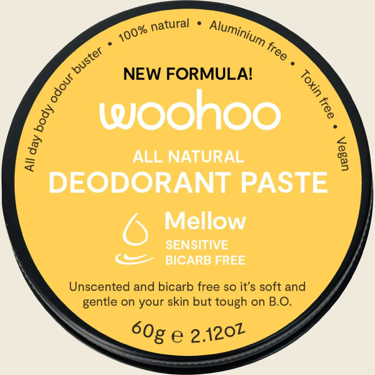 Woohoo Body Natural Deodorant Paste Tin Mellow Bicarb Free 60g — official front packaging