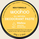 Woohoo Body Natural Deodorant Paste Tin Mellow Bicarb Free 60g — official front packaging