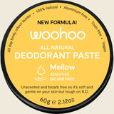 Woohoo Body Natural Deodorant Paste Tin Mellow Bicarb Free 60g — official front packaging