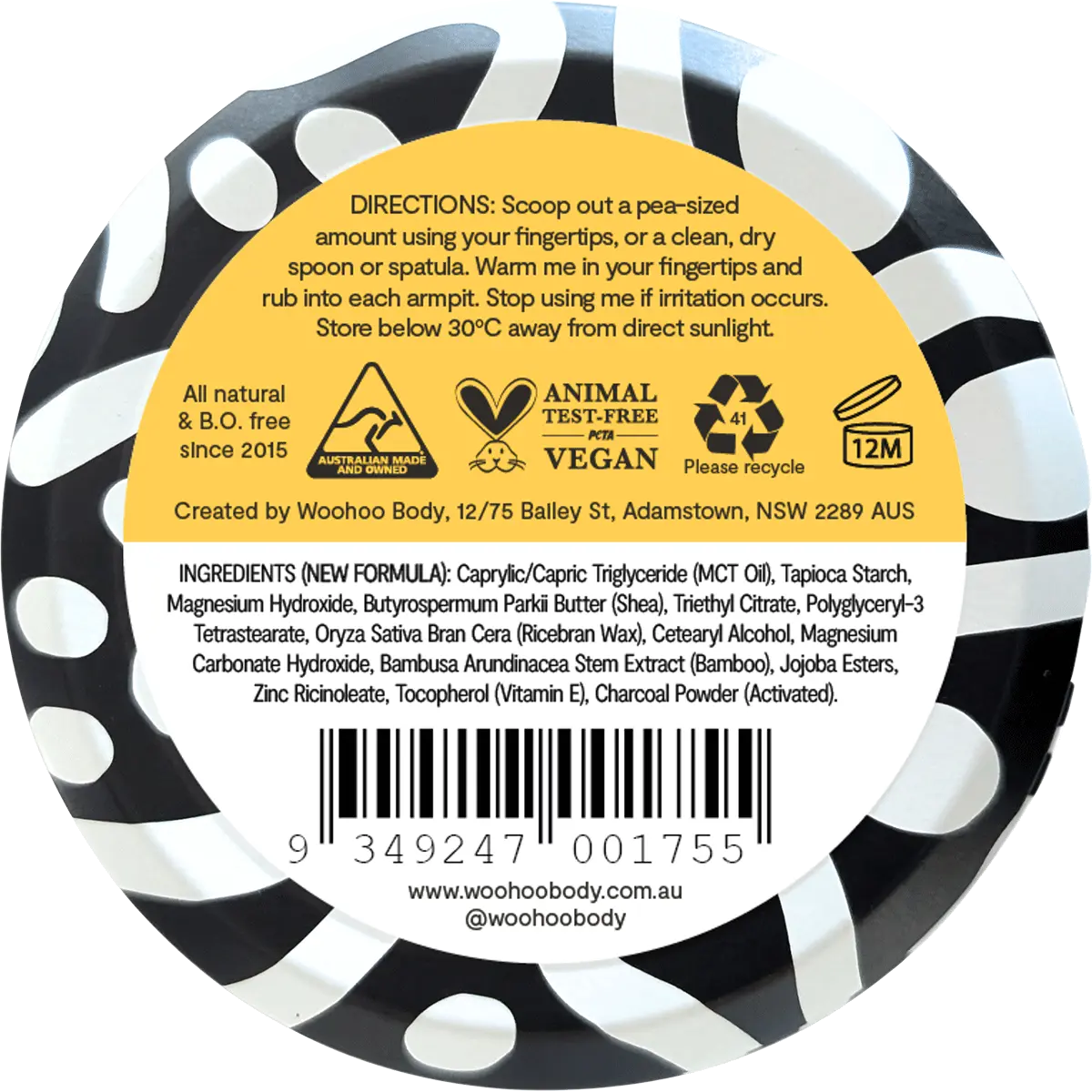 Woohoo Body Deodorant Paste Tin Mellow Sensitive Bicarb Free 60g — back of pack