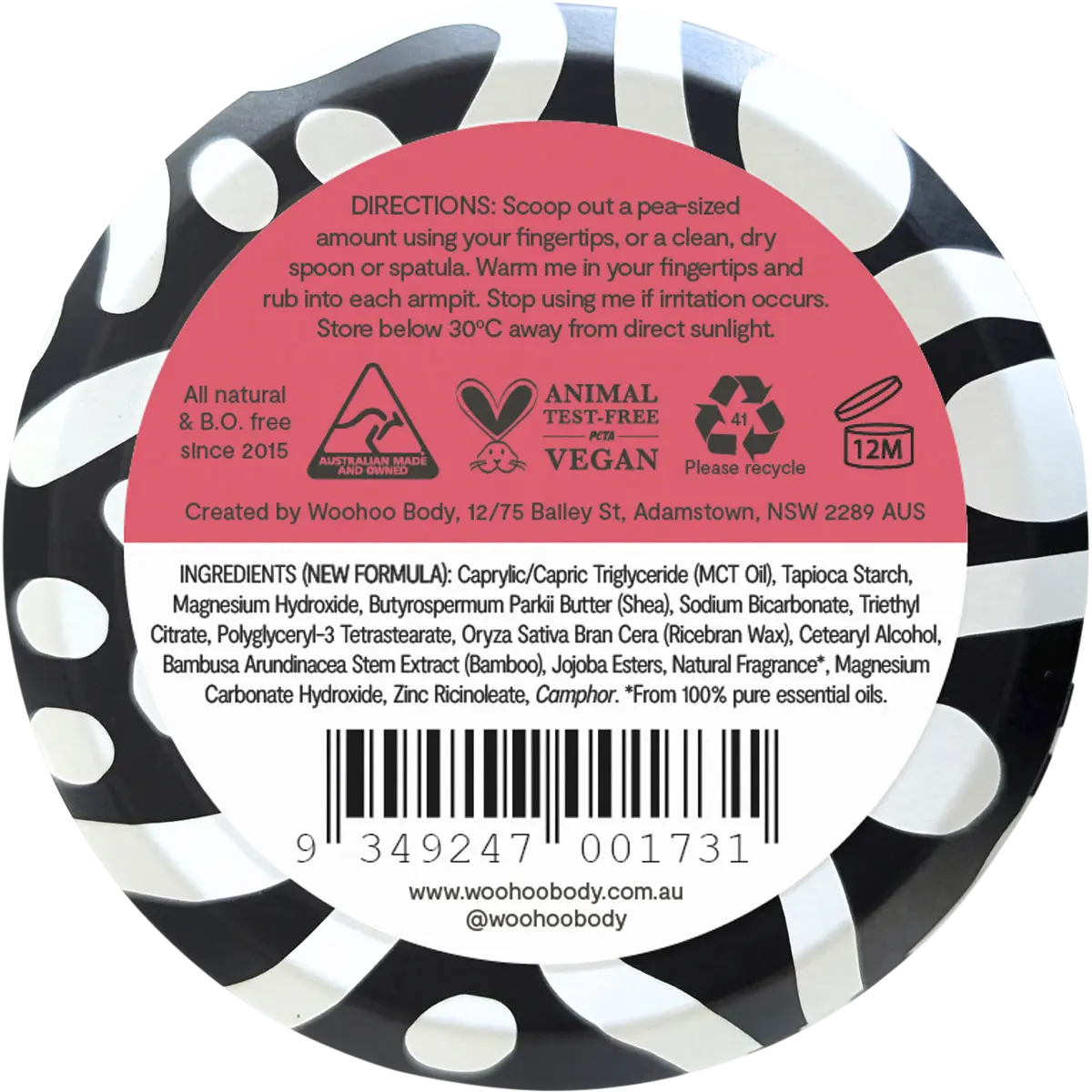 Woohoo Body Deodorant Paste Tin Urban Regular Strength 60g — back of pack