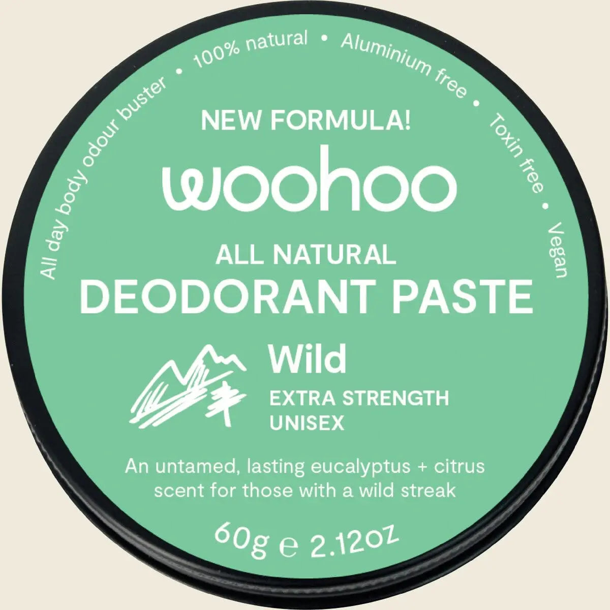 Woohoo Body Natural Deodorant Paste Tin Wild Extra Strength 60g — official front packaging