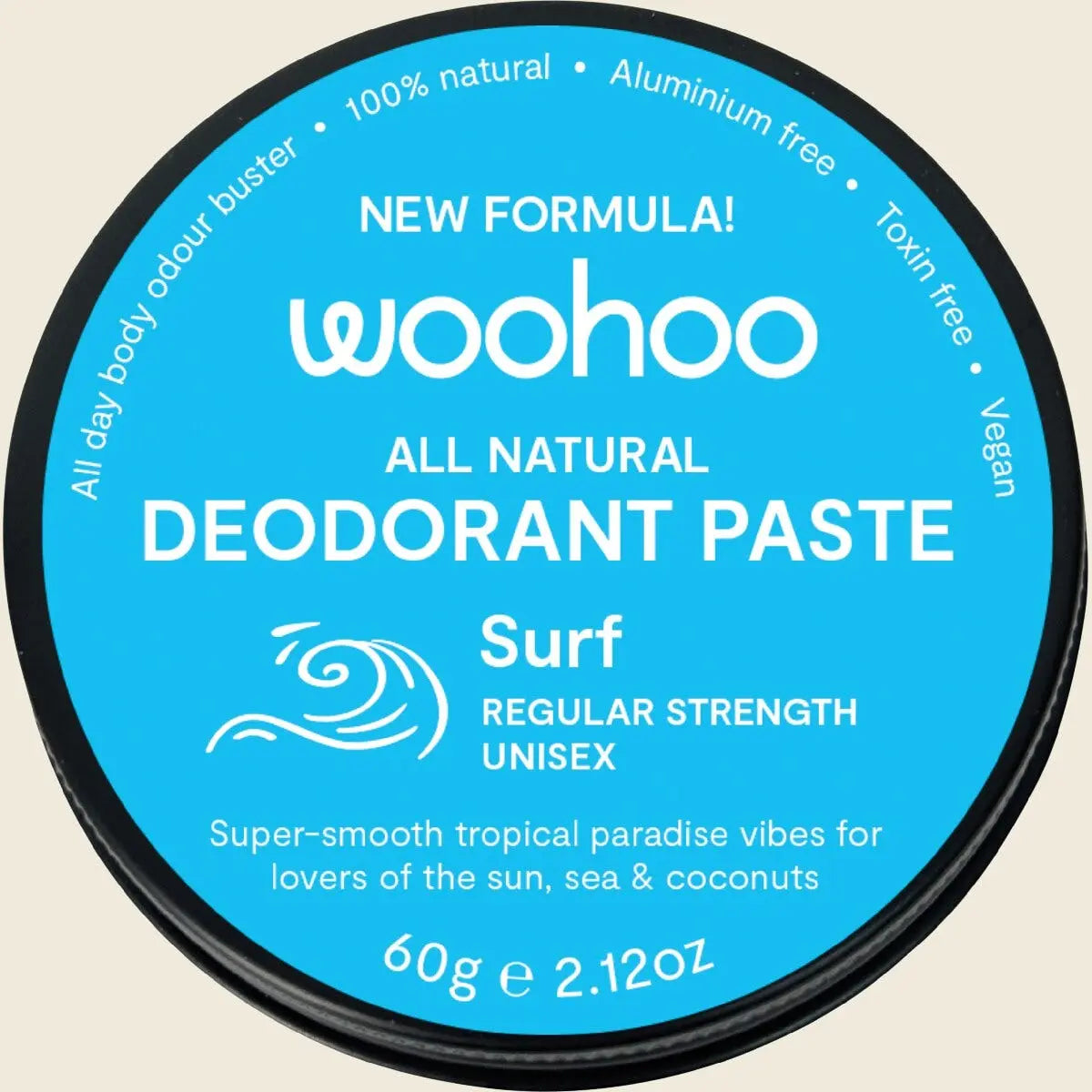 Woohoo Body Natural Deodorant Paste Tin Surf Regular 60g — official front packaging