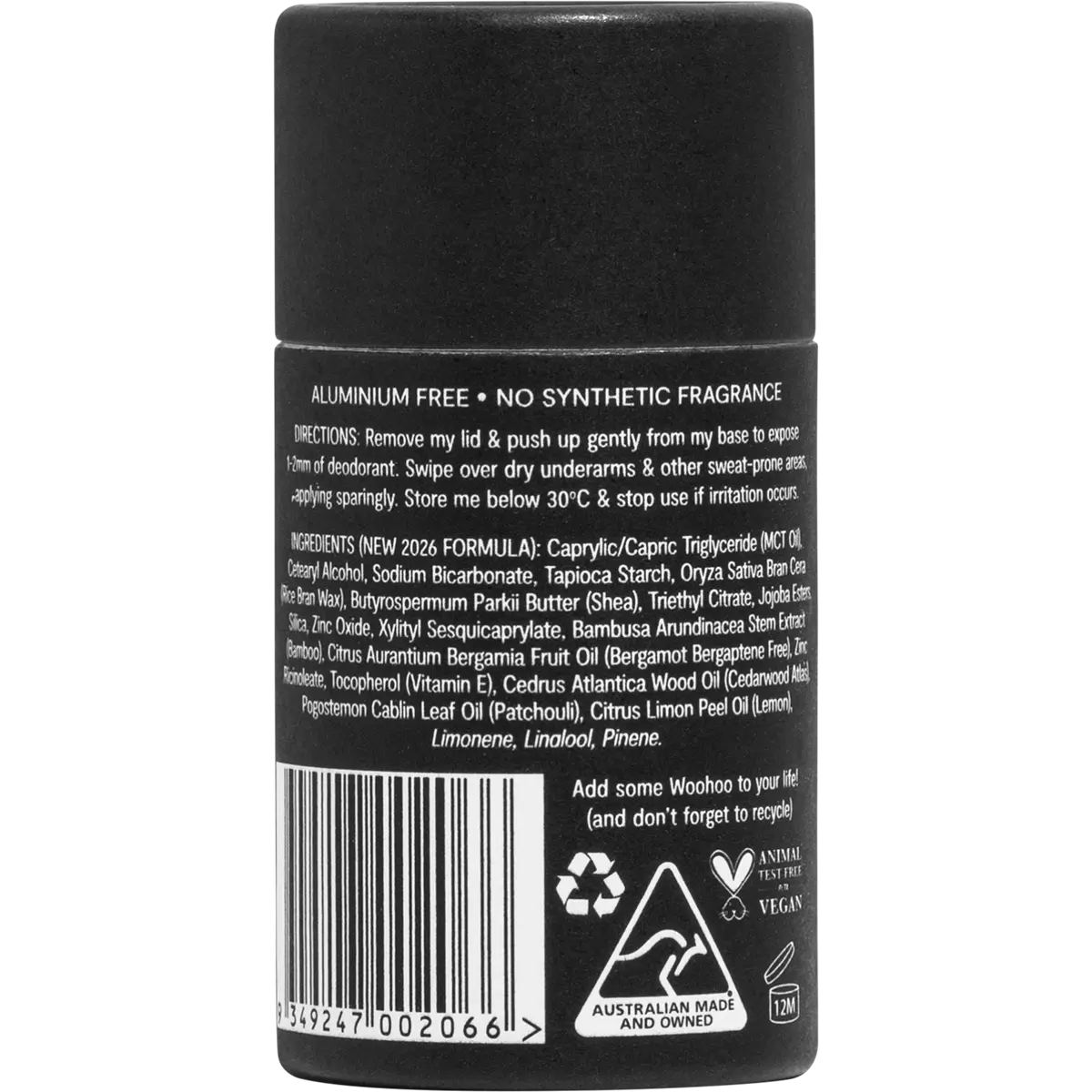 Woohoo Body Natural Deodorant Stick Tux Extra Strength (Anti-Chafe) 60g — back of pack