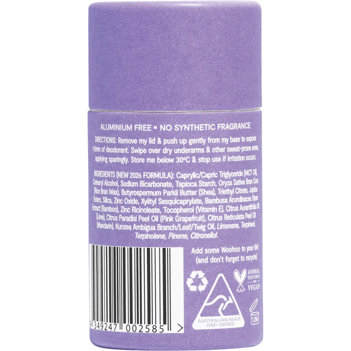 Woohoo Body Natural Deodorant Stick Pop Extra Strength (Anti-Chafe) 60g — back of pack
