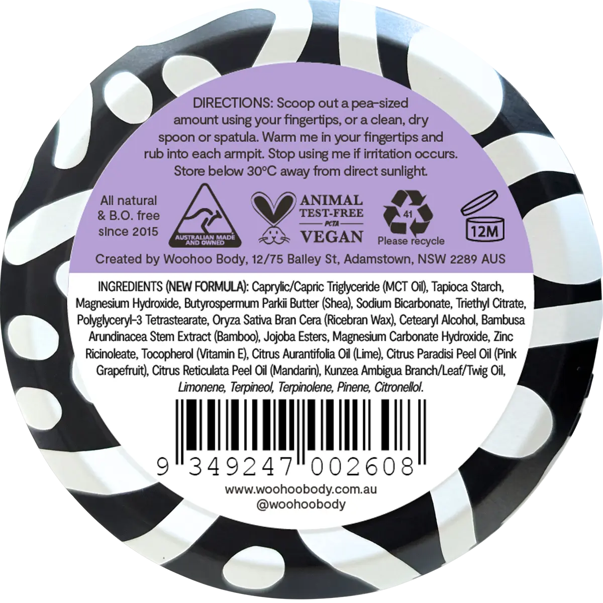 Woohoo Body Natural Deodorant Paste Tin Pop Extra Strength 60g — back of pack