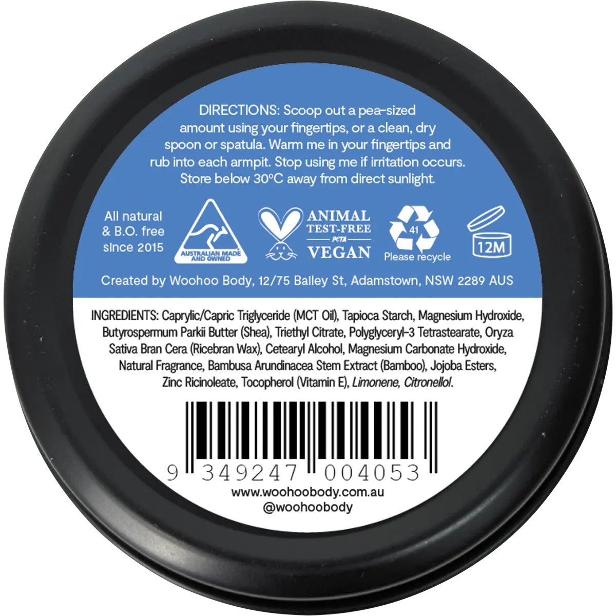 Woohoo Body Natural Deodorant Paste Tin Drift Extra Strength 60g — back of pack