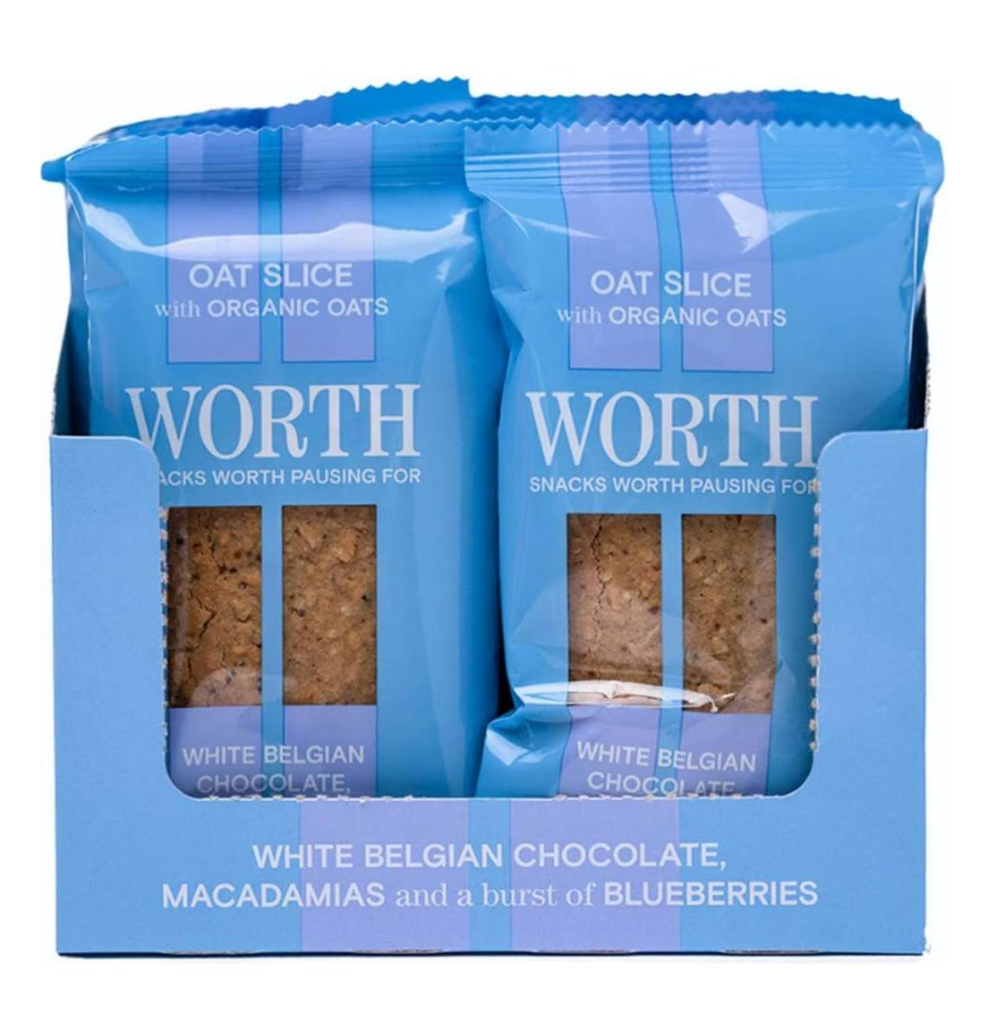 (CLEARANCE - BBD 14/06/24) Worth Foods Oat Slice Oat Slice –White Belgian Chocolate, Sun-dried Blueberries and Macadamias 12x70g