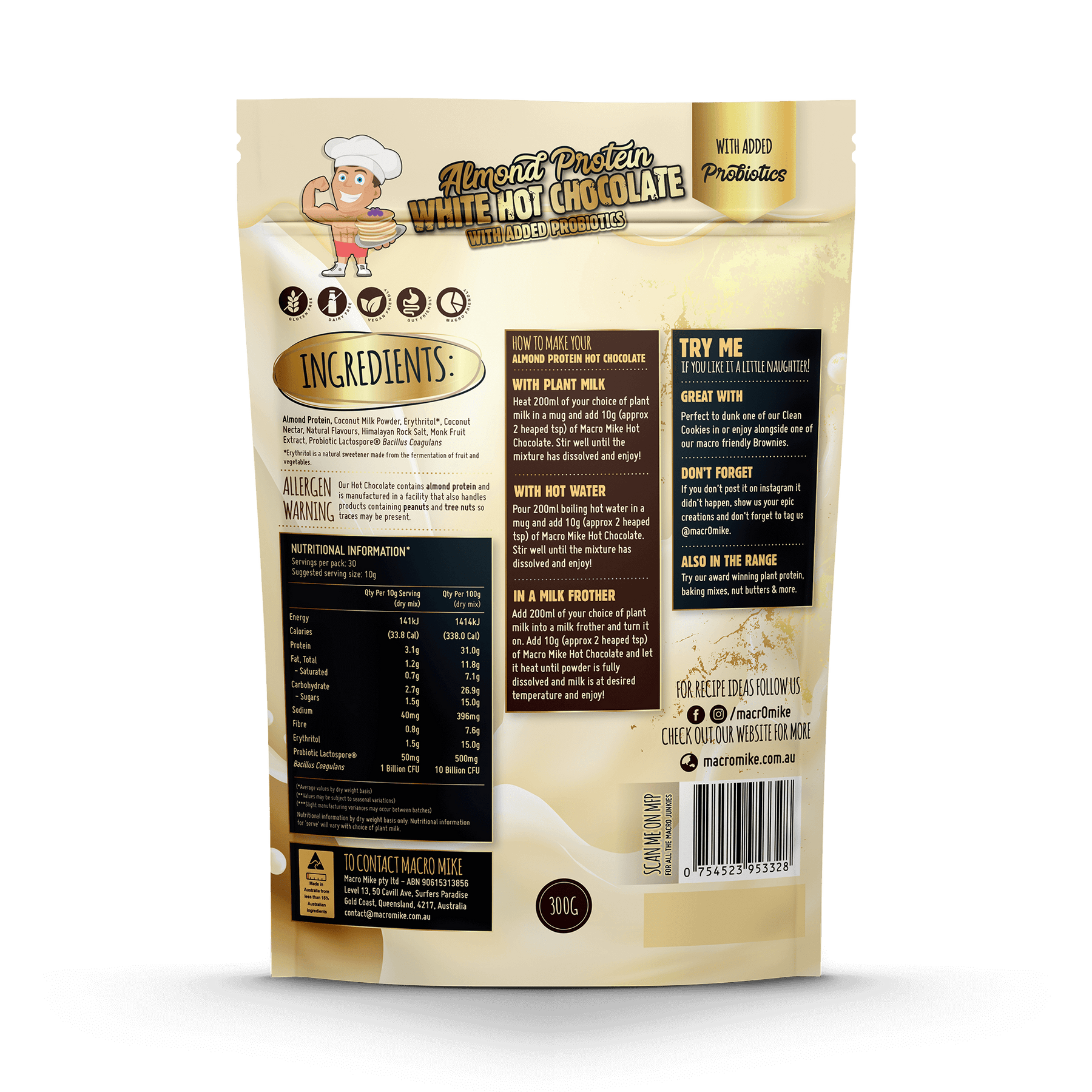 Macro Mike Protein White Hot Chocolate Almond with Probiotics 300g