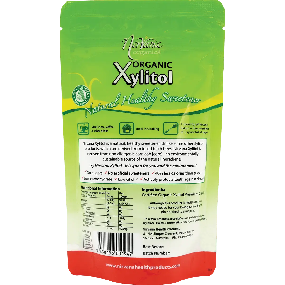 Nirvana Organics Xylitol Certified Organic — back pack image (UHP)