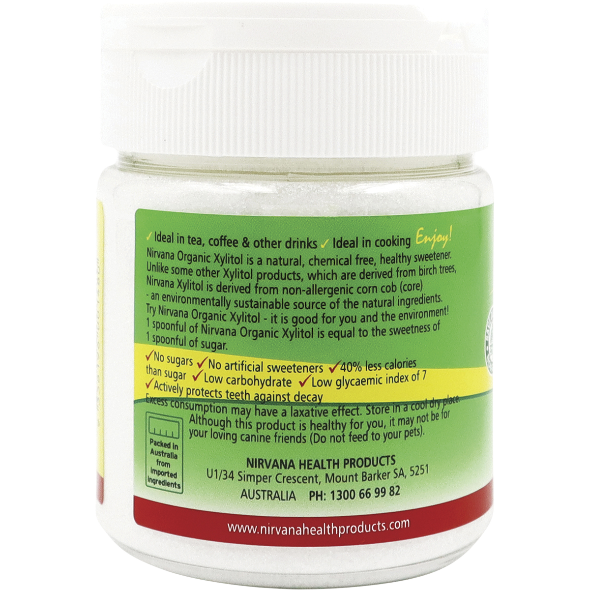 Nirvana Organics Xylitol Refillable Shaker 200g left-side image