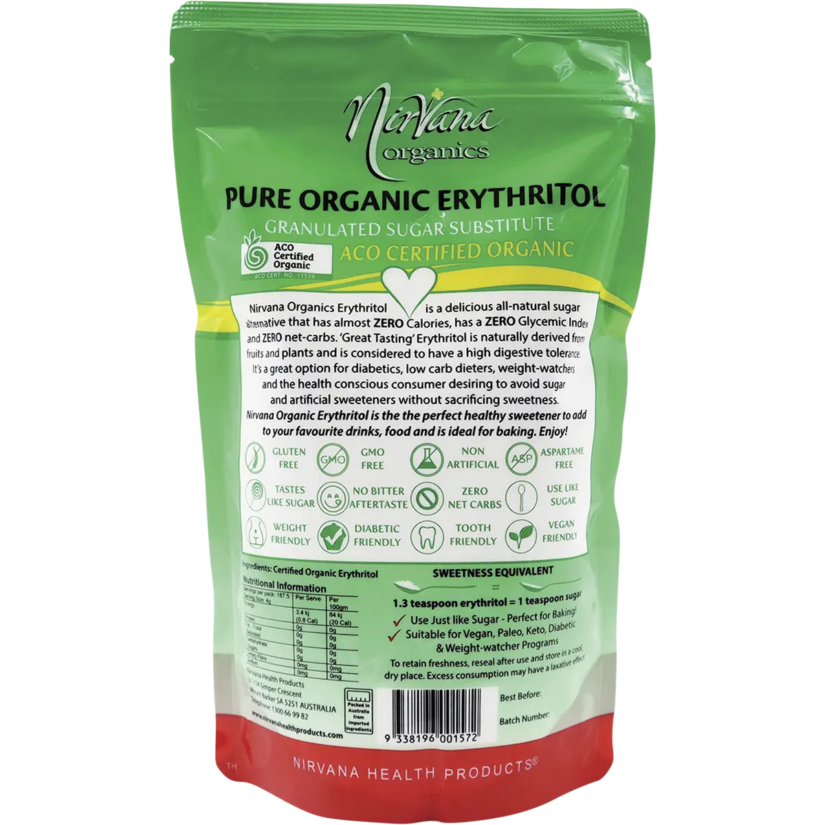Nirvana Organics Erythritol Pure Organic — back pack image (UHP)
