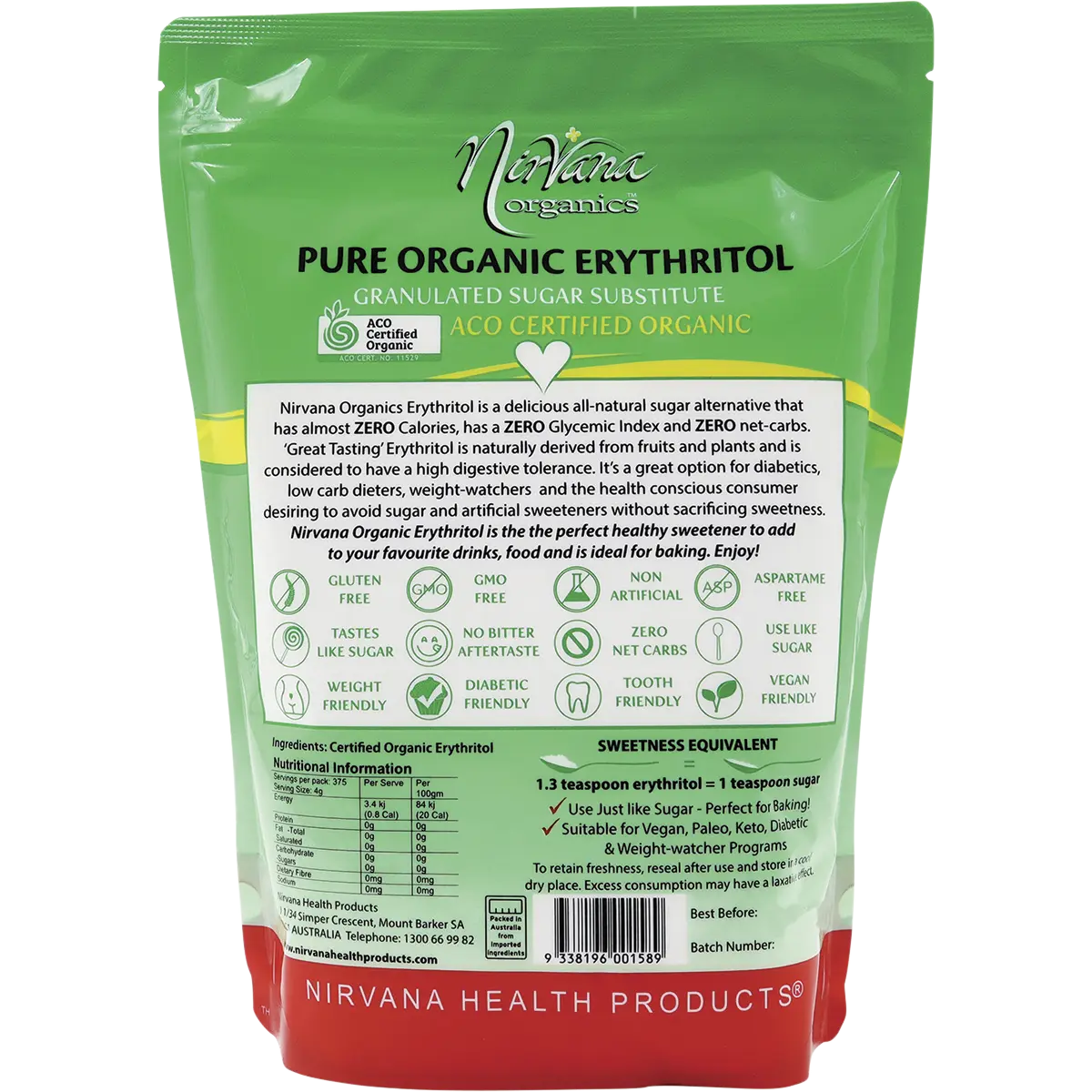 Nirvana Organics Erythritol Pure Organic — back pack image (UHP)