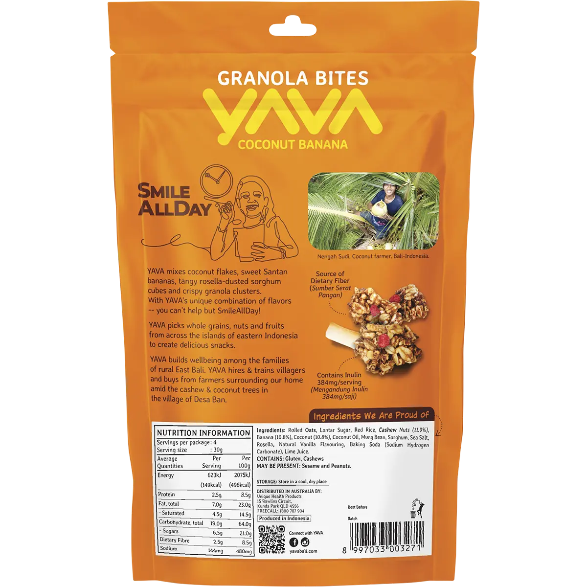 YAVA Granola Bites Coconut Banana 125g — back pack image (UHP)