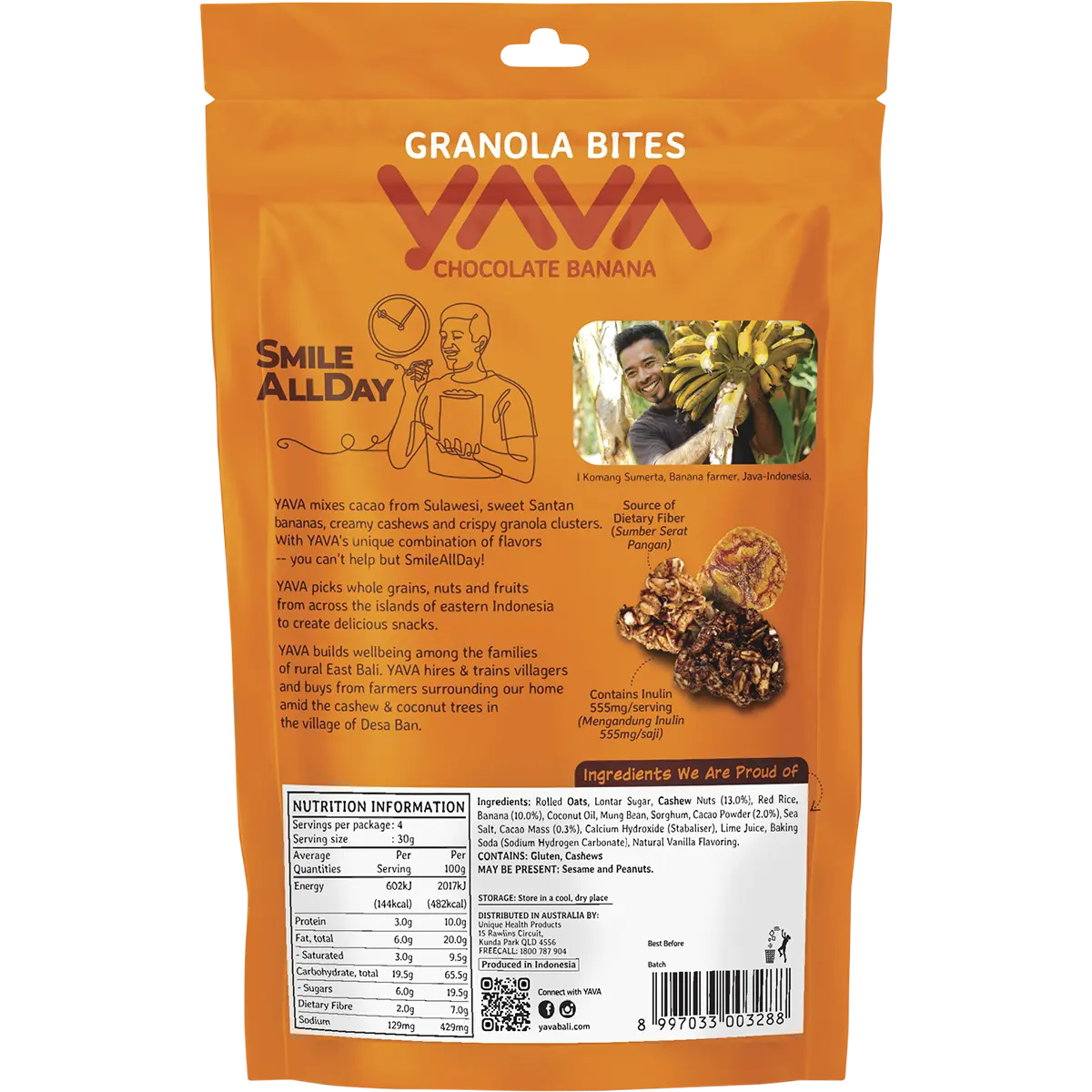 YAVA Granola Bites Chocolate Banana 125g — back pack image (UHP)