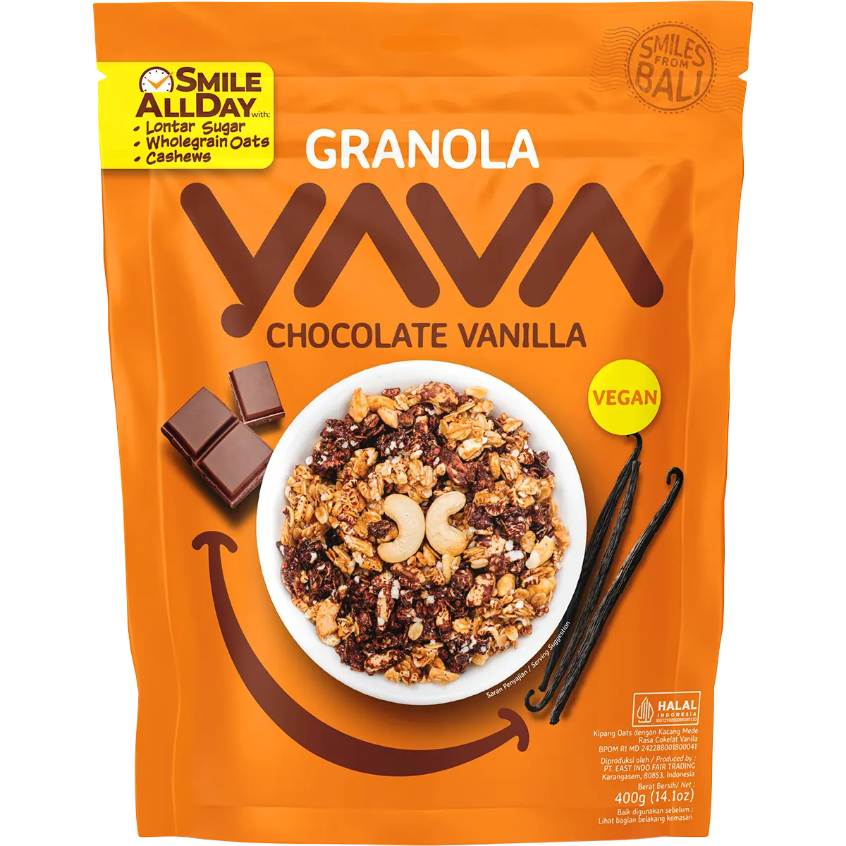 YAVA Granola with Cashews Chocolate Vanilla 400g — front pack image (UHP)