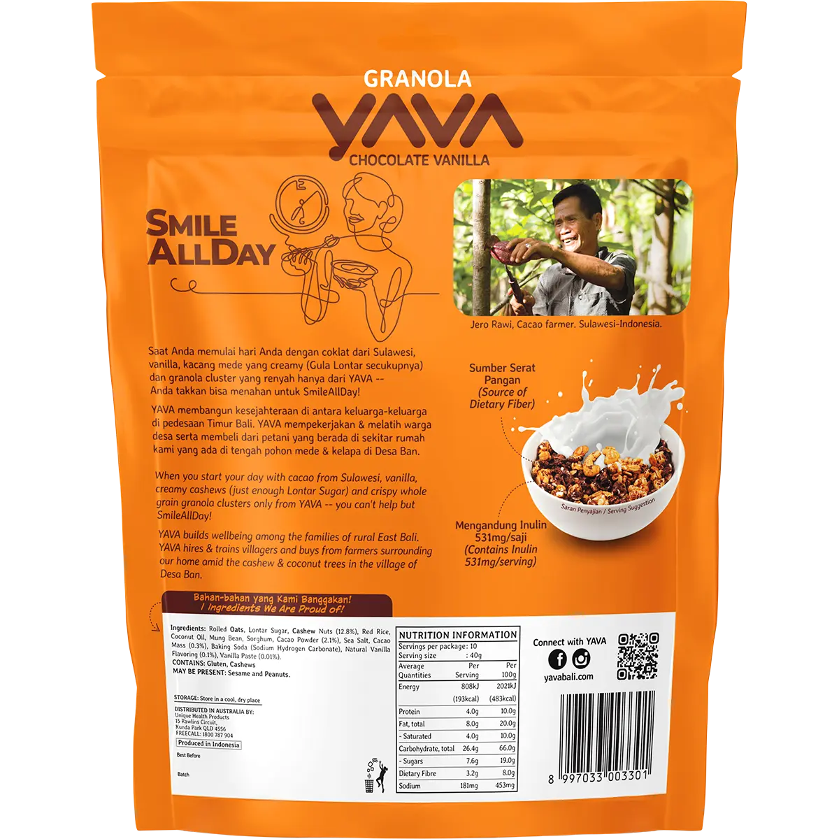 YAVA Granola with Cashews Chocolate Vanilla 400g — back pack image (UHP)