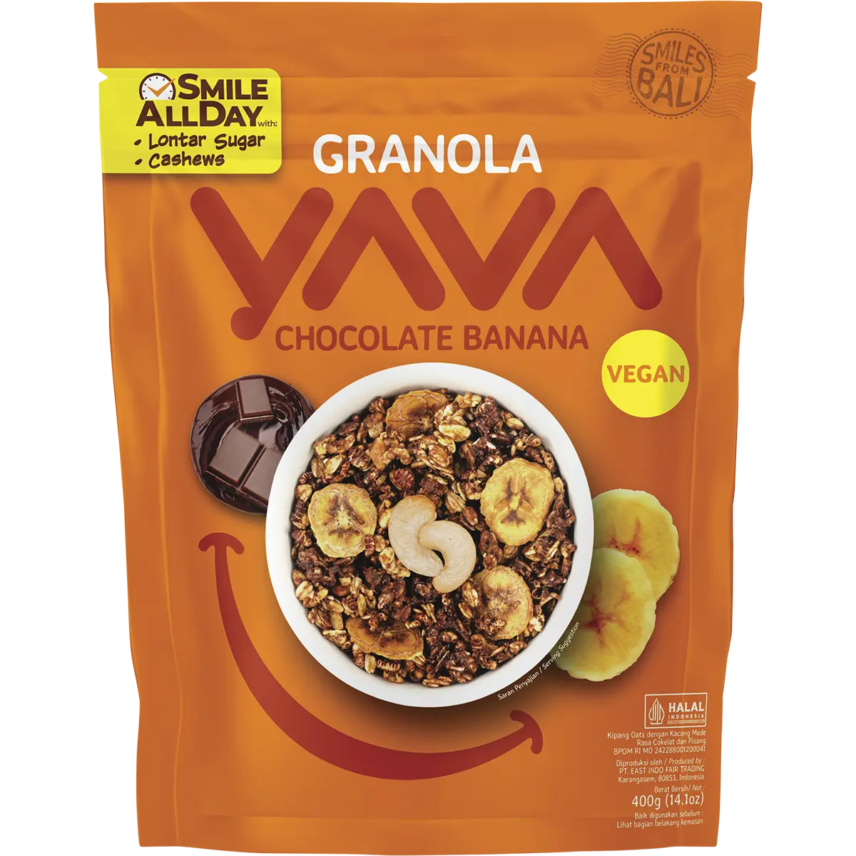 YAVA Granola with Cashews Chocolate Banana 400g — front pack image (UHP)